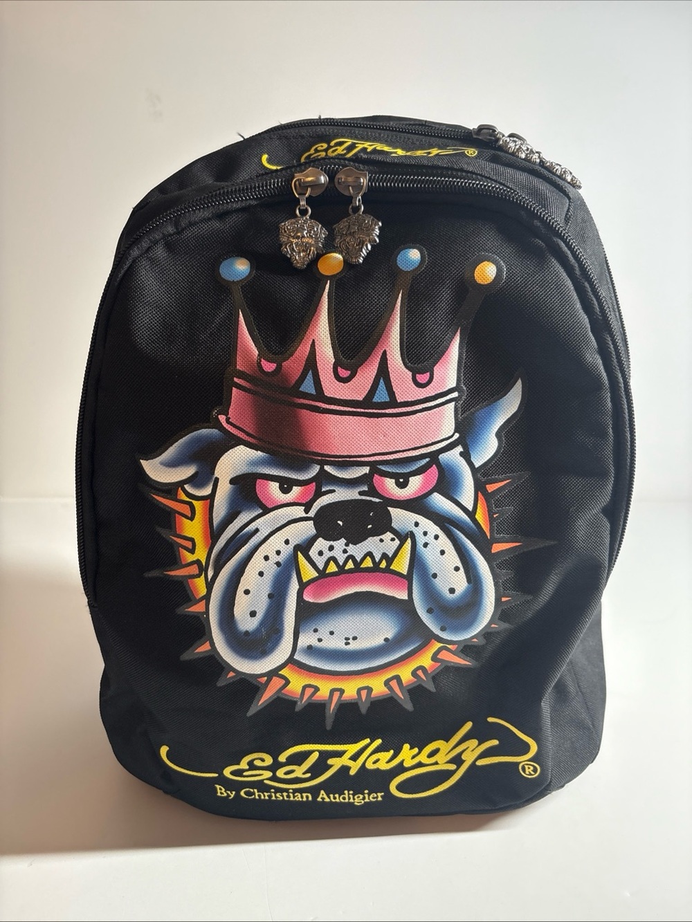 Ed Hardy Black Backpack with Bulldog Crown Graphic